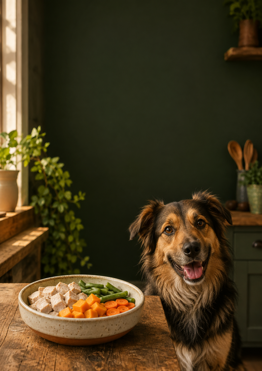 Cachorro esperando o potinho com comida caseira